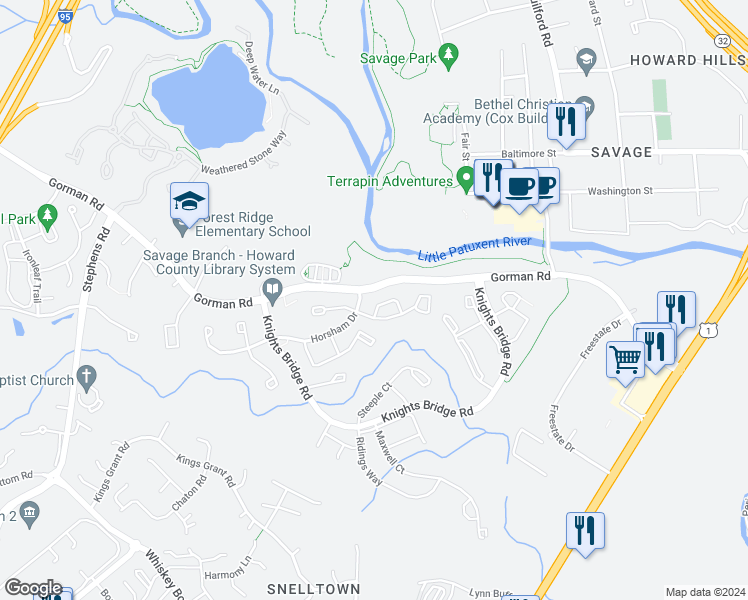 map of restaurants, bars, coffee shops, grocery stores, and more near 9311 Kendal Circle in Laurel