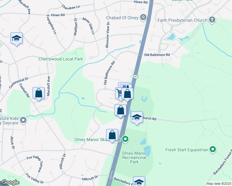 map of restaurants, bars, coffee shops, grocery stores, and more near 3610 Martins Dairy Circle in Olney