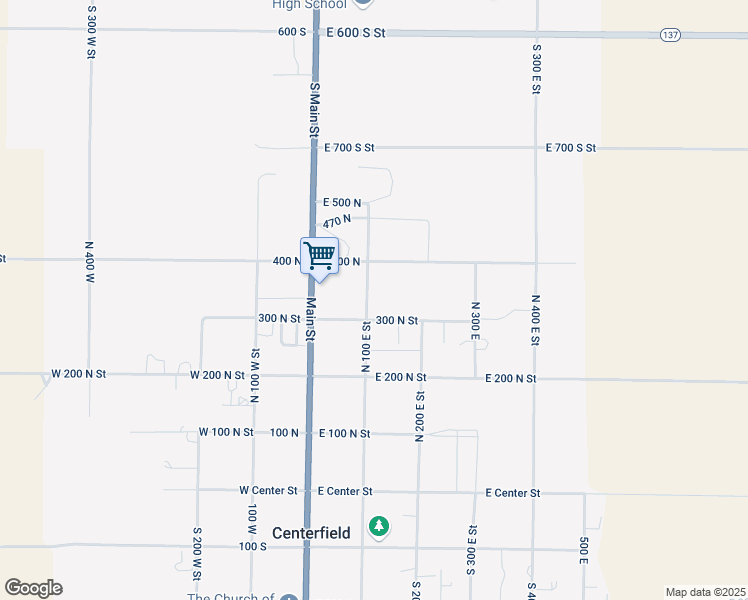 map of restaurants, bars, coffee shops, grocery stores, and more near 330 North 100 East Street in Centerfield