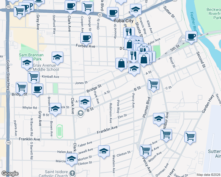 map of restaurants, bars, coffee shops, grocery stores, and more near 658 Bridge Street in Yuba City