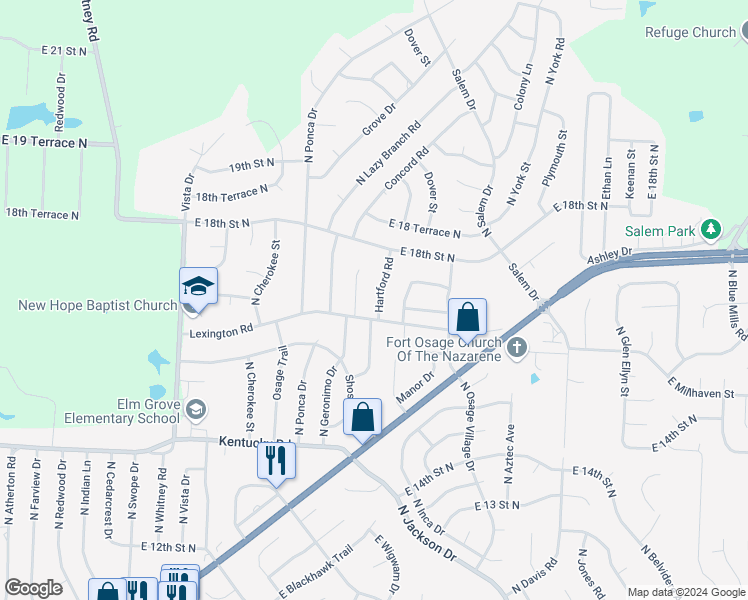 map of restaurants, bars, coffee shops, grocery stores, and more near 1604 Hartford Road in Independence