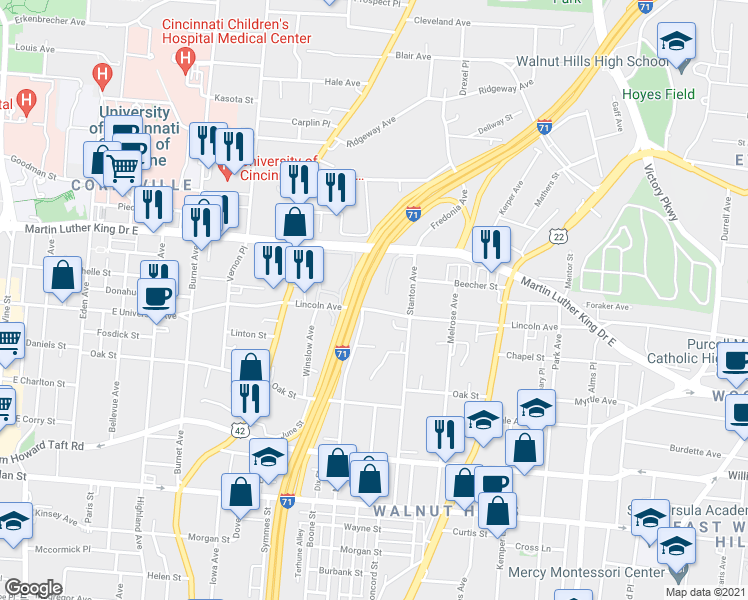 map of restaurants, bars, coffee shops, grocery stores, and more near 660 Lincoln Avenue in Cincinnati
