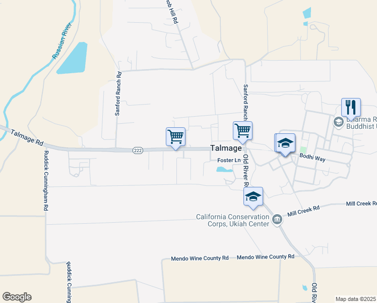 map of restaurants, bars, coffee shops, grocery stores, and more near 1740 Talmage Road in Ukiah