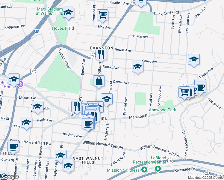 map of restaurants, bars, coffee shops, grocery stores, and more near 3052 Hackberry Street in Cincinnati