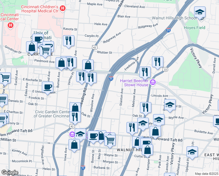 map of restaurants, bars, coffee shops, grocery stores, and more near 665 Omaha Street in Cincinnati