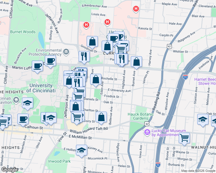 map of restaurants, bars, coffee shops, grocery stores, and more near 2920 Eden Avenue in Cincinnati