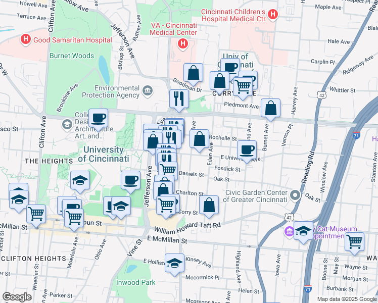 map of restaurants, bars, coffee shops, grocery stores, and more near 2919 Vaughn Street in Cincinnati