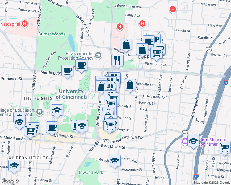 map of restaurants, bars, coffee shops, grocery stores, and more near 2919 Seminole Street in Cincinnati