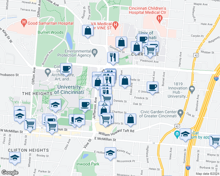 map of restaurants, bars, coffee shops, grocery stores, and more near 2919 Seminole Street in Cincinnati