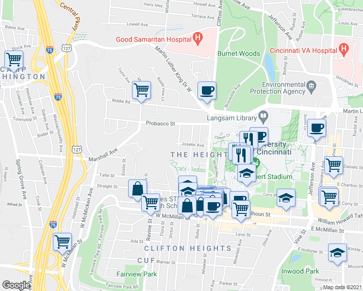 map of restaurants, bars, coffee shops, grocery stores, and more near 2811 Stratford Avenue in Cincinnati