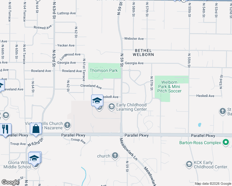 map of restaurants, bars, coffee shops, grocery stores, and more near 2503 North 59 Terrace in Kansas City