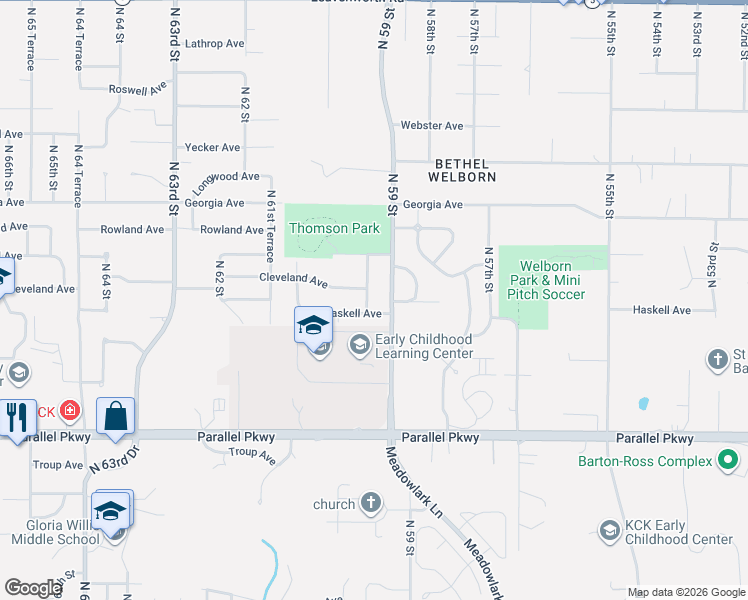 map of restaurants, bars, coffee shops, grocery stores, and more near 2503 North 59 Terrace in Kansas City