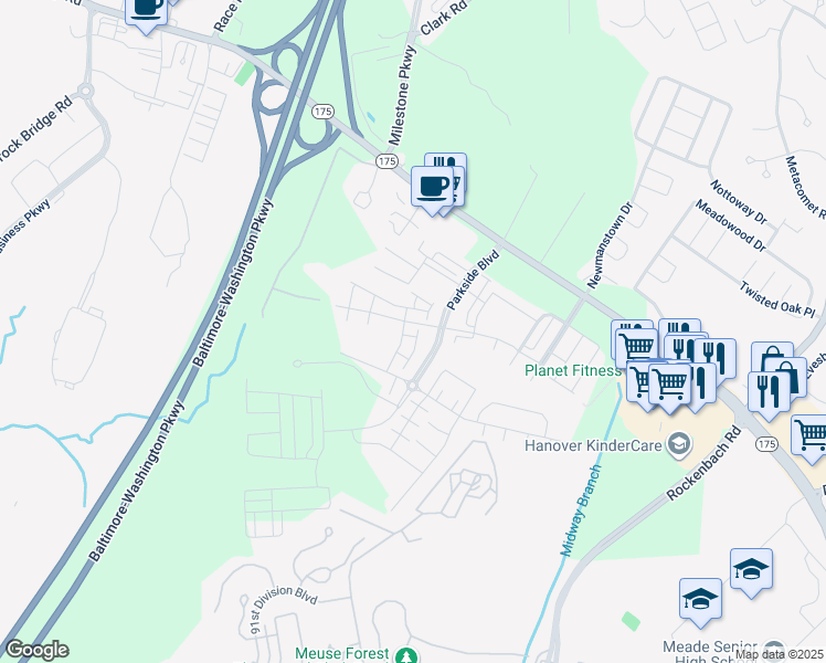 map of restaurants, bars, coffee shops, grocery stores, and more near 2910 Stagg Lane in Hanover