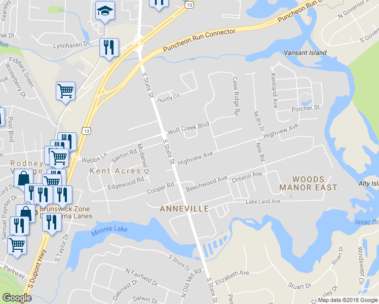 map of restaurants, bars, coffee shops, grocery stores, and more near 37 Highview Avenue in Dover