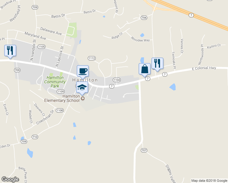 map of restaurants, bars, coffee shops, grocery stores, and more near 272 East Colonial Highway in Hamilton