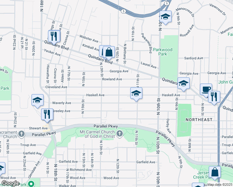 map of restaurants, bars, coffee shops, grocery stores, and more near 2418 North 12 Street in Kansas City