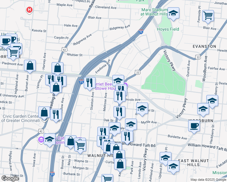 map of restaurants, bars, coffee shops, grocery stores, and more near 861 Beecher Street in Cincinnati