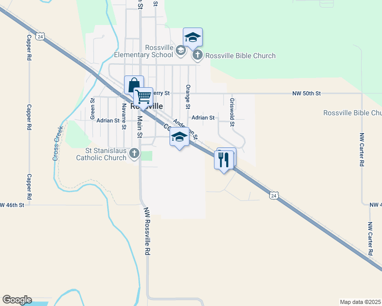 map of restaurants, bars, coffee shops, grocery stores, and more near 800 South Main Street in Rossville