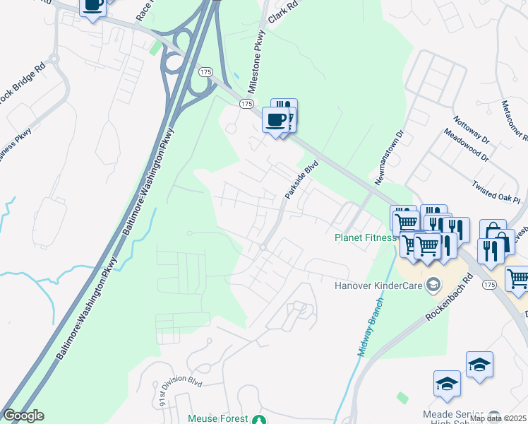 map of restaurants, bars, coffee shops, grocery stores, and more near 2910 Stagg Lane in Hanover