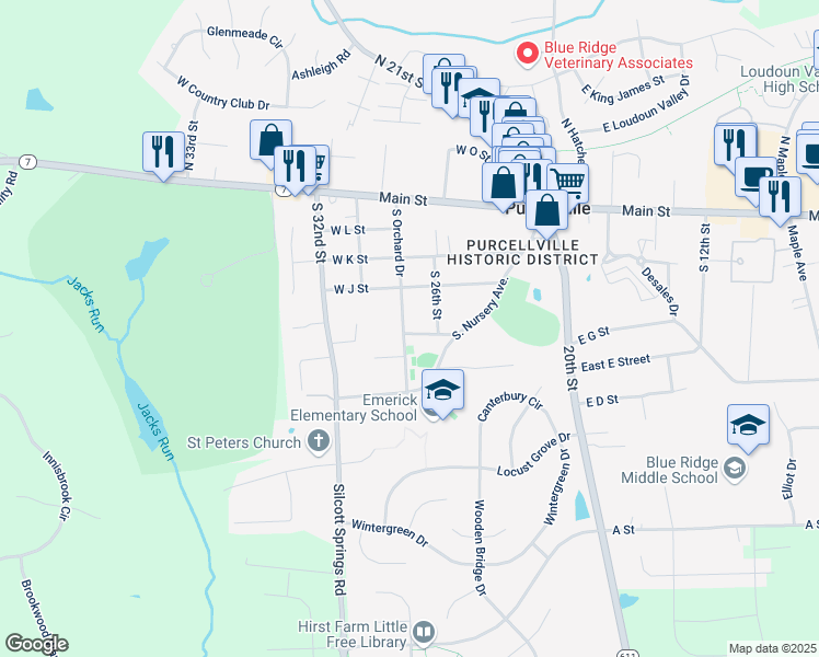 map of restaurants, bars, coffee shops, grocery stores, and more near 350 South Orchard Drive in Purcellville