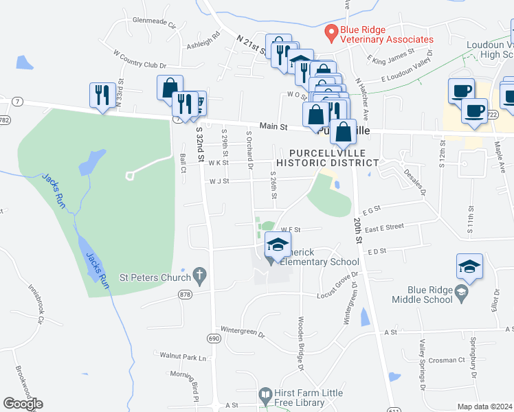 map of restaurants, bars, coffee shops, grocery stores, and more near 350 South Orchard Drive in Purcellville