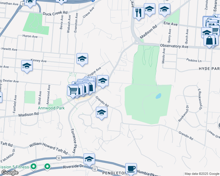 map of restaurants, bars, coffee shops, grocery stores, and more near 2145 Madison Road in Cincinnati