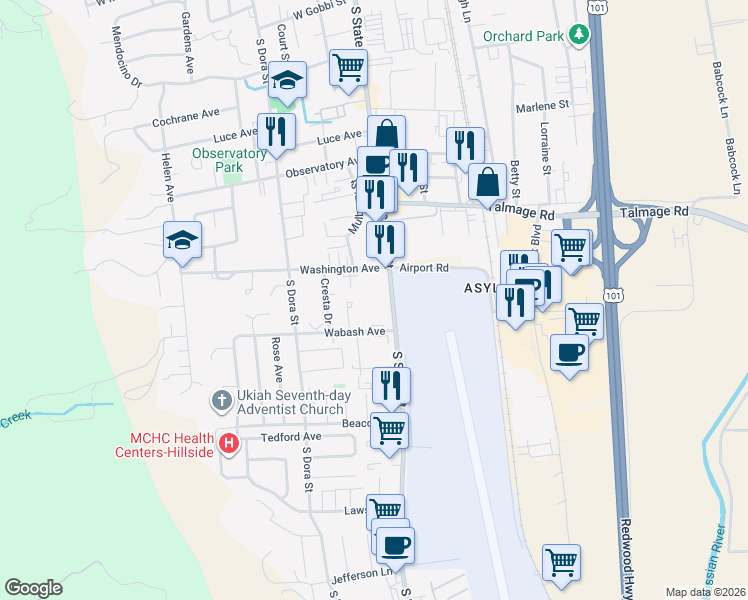 map of restaurants, bars, coffee shops, grocery stores, and more near 1208 South State Street in Ukiah