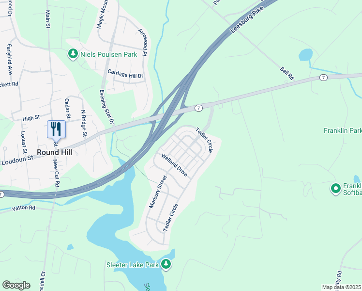 map of restaurants, bars, coffee shops, grocery stores, and more near 17459 Lethridge Circle in Round Hill