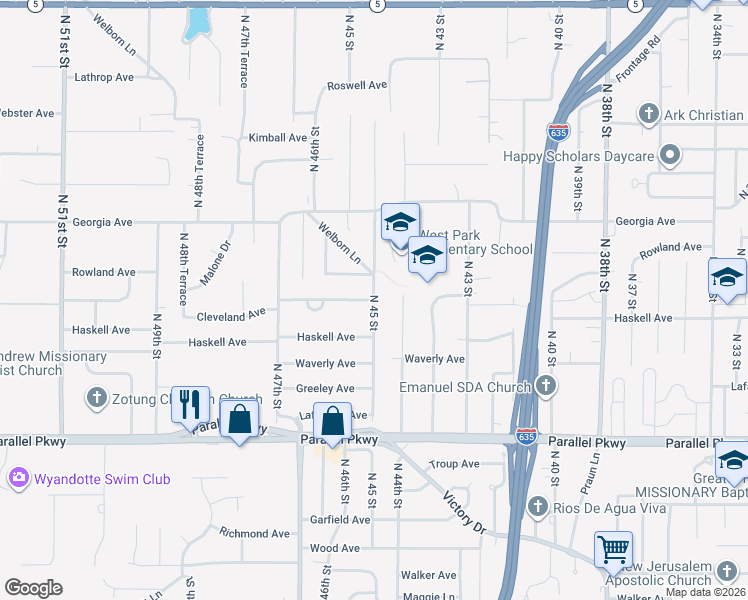 map of restaurants, bars, coffee shops, grocery stores, and more near 2505 North 45 Street in Kansas City