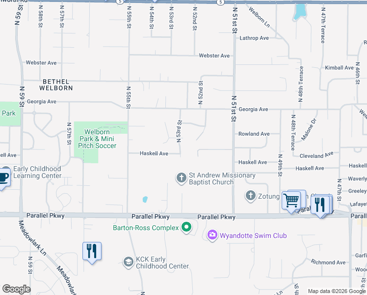 map of restaurants, bars, coffee shops, grocery stores, and more near 5209 Nogard Avenue in Kansas City