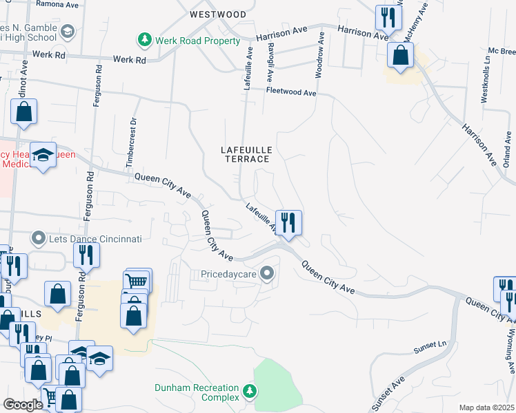 map of restaurants, bars, coffee shops, grocery stores, and more near 2682 Lafeuille Circle in Cincinnati