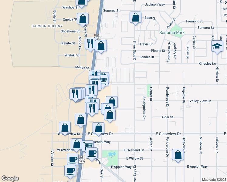map of restaurants, bars, coffee shops, grocery stores, and more near 349 Koontz Lane in Carson City