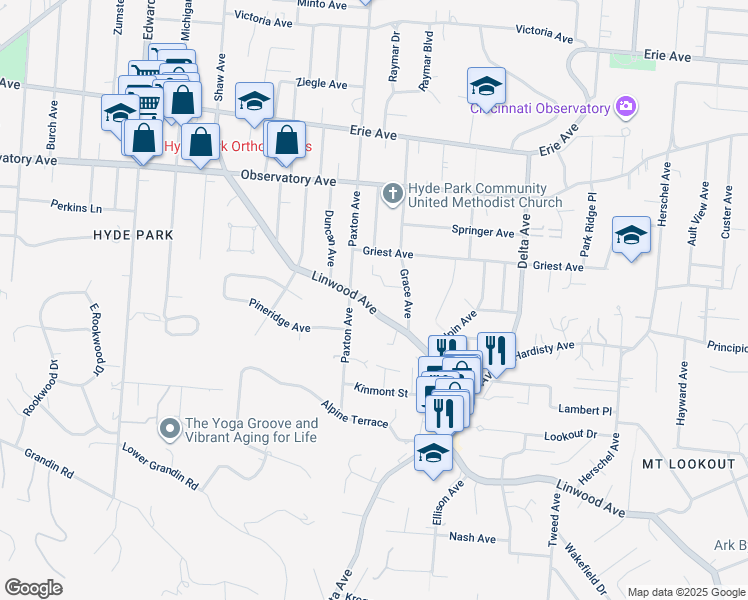 map of restaurants, bars, coffee shops, grocery stores, and more near 2917 Utopia Place in Cincinnati