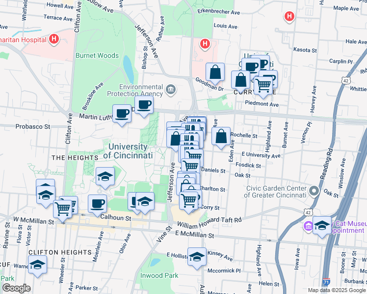 map of restaurants, bars, coffee shops, grocery stores, and more near 2915 Glendora Avenue in Cincinnati