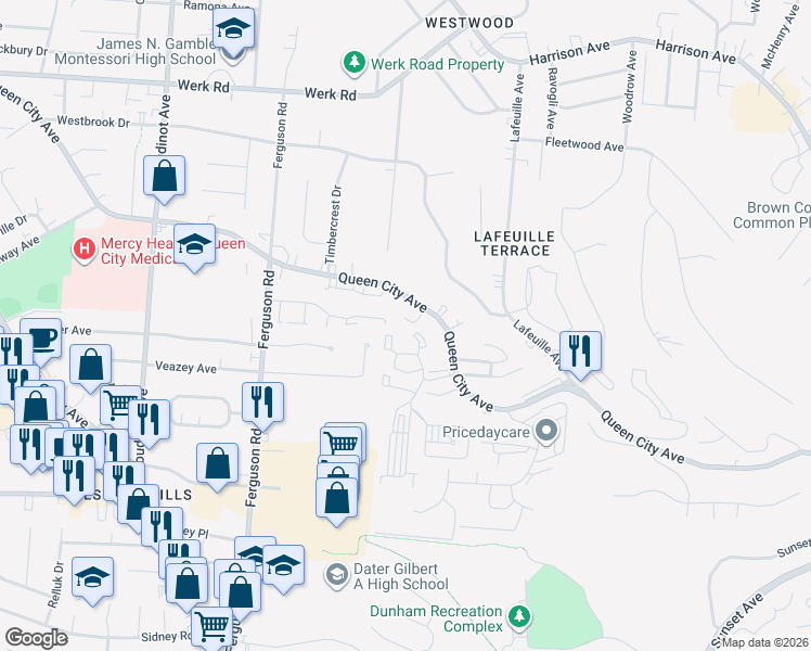 map of restaurants, bars, coffee shops, grocery stores, and more near 2785 Queen City Avenue in Cincinnati