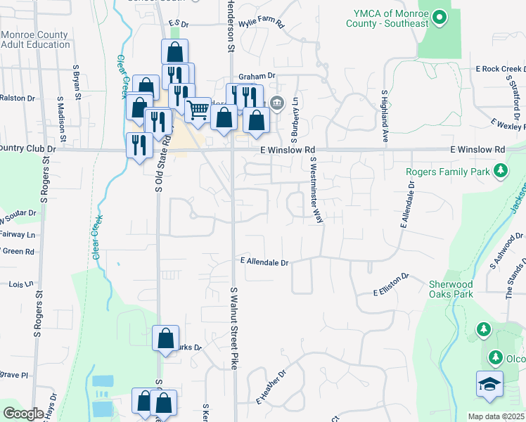map of restaurants, bars, coffee shops, grocery stores, and more near 752 East Sherwood Hills Drive in Bloomington