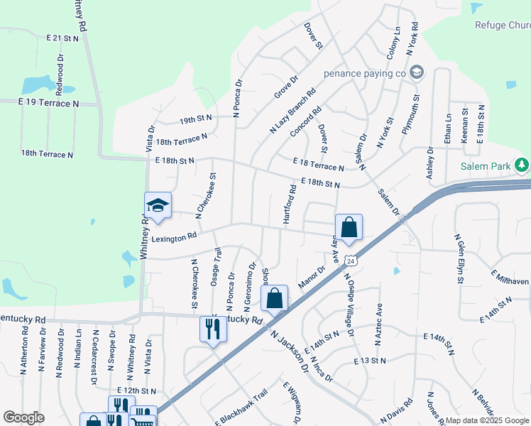 map of restaurants, bars, coffee shops, grocery stores, and more near 1611 North Lazy Branch Road in Independence