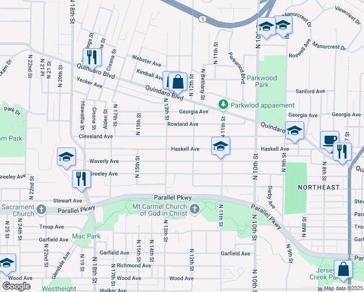 map of restaurants, bars, coffee shops, grocery stores, and more near 2418 North 12 Street in Kansas City