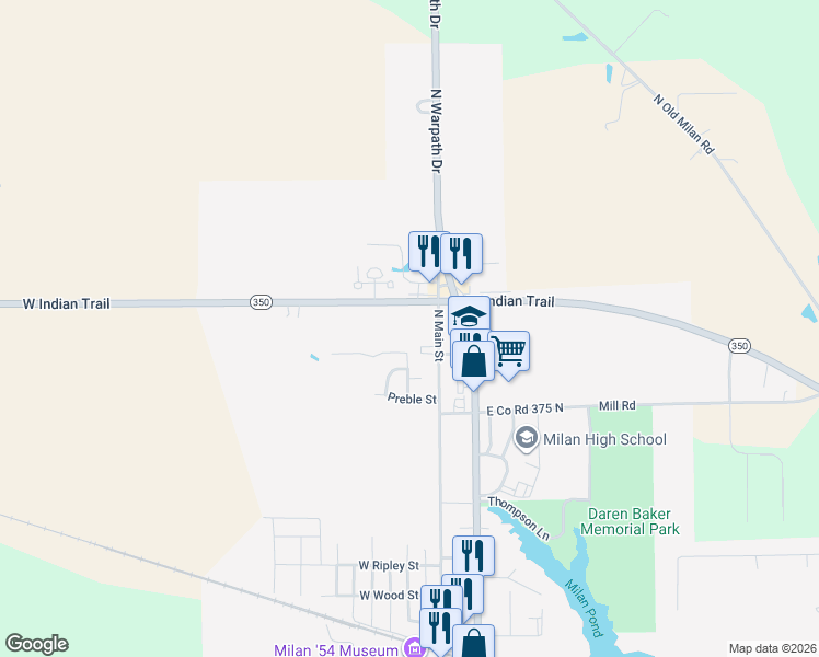 map of restaurants, bars, coffee shops, grocery stores, and more near 926 North Main Street in Milan