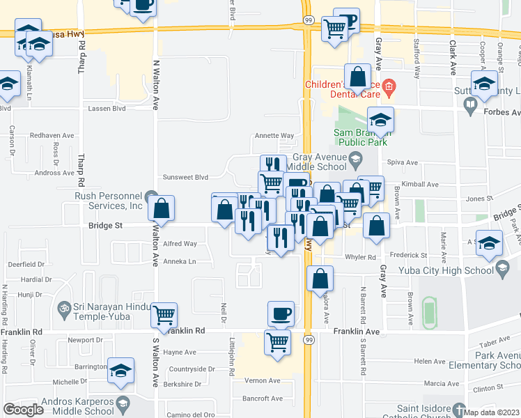 map of restaurants, bars, coffee shops, grocery stores, and more near 700 West Onstott Road in Yuba City