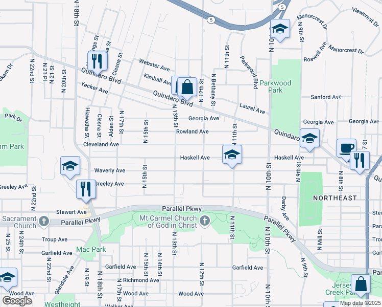 map of restaurants, bars, coffee shops, grocery stores, and more near 2418 North 12 Street in Kansas City