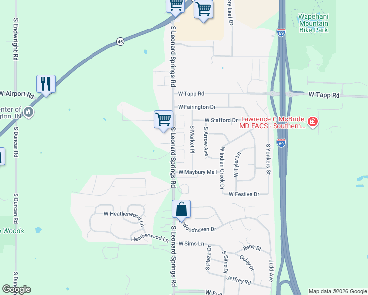 map of restaurants, bars, coffee shops, grocery stores, and more near 3111 South Leonard Springs Road in Bloomington