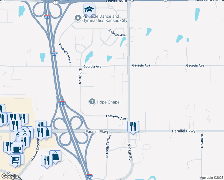 map of restaurants, bars, coffee shops, grocery stores, and more near 10001 Cleveland Avenue in Kansas City
