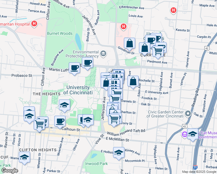 map of restaurants, bars, coffee shops, grocery stores, and more near 2915 Glendora Avenue in Cincinnati
