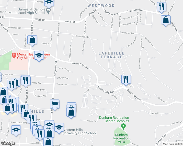 map of restaurants, bars, coffee shops, grocery stores, and more near 2761 Queen City Avenue in Cincinnati