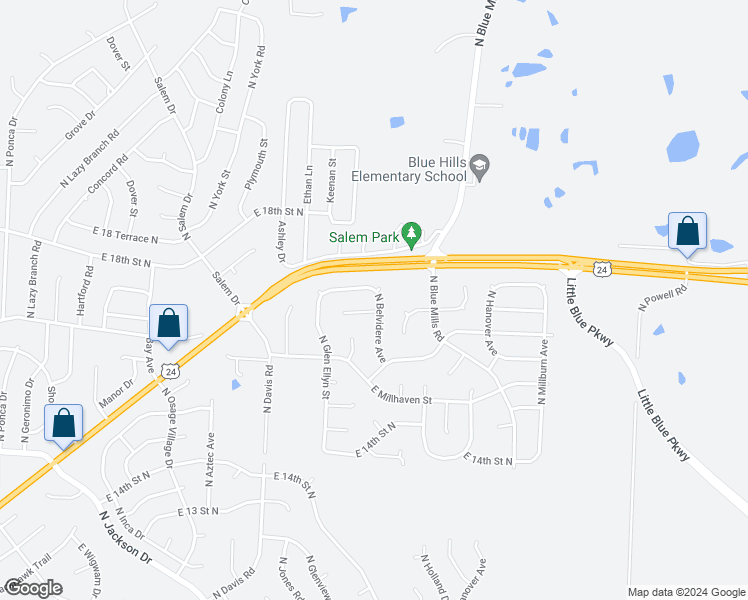 map of restaurants, bars, coffee shops, grocery stores, and more near 1710 North Belvidere Avenue in Independence