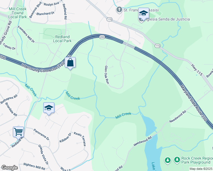 map of restaurants, bars, coffee shops, grocery stores, and more near Glen Oak Court in Redland