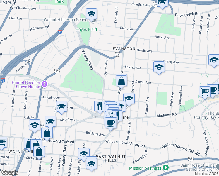map of restaurants, bars, coffee shops, grocery stores, and more near 1514 Gilpin Avenue in Cincinnati