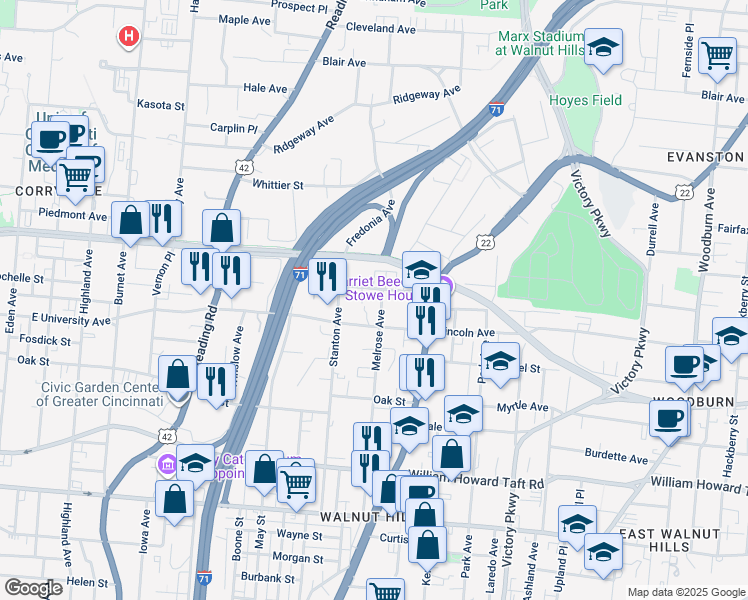 map of restaurants, bars, coffee shops, grocery stores, and more near 829 Beecher Street in Cincinnati
