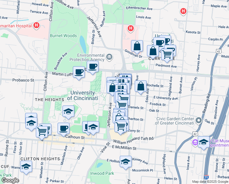 map of restaurants, bars, coffee shops, grocery stores, and more near 2915 Glendora Avenue in Cincinnati